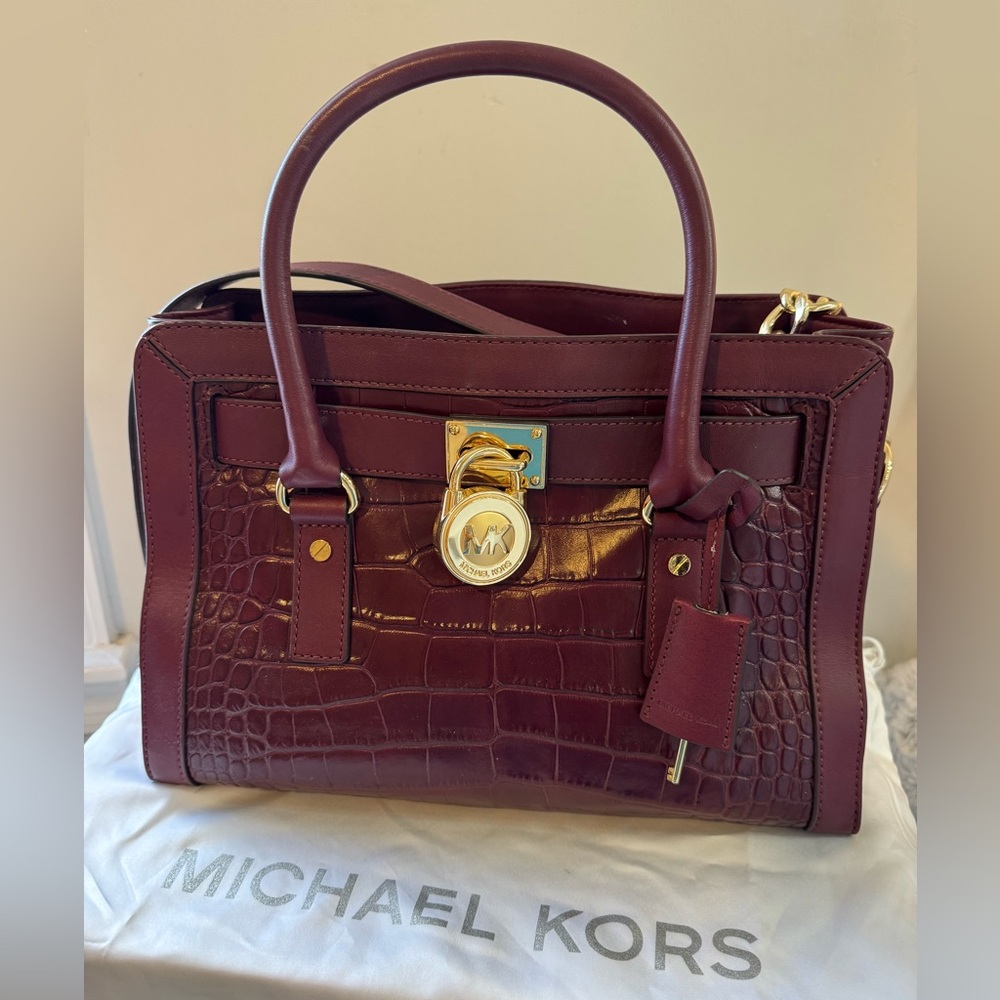 Michael Kors Hamilton Wine Croc-Embossed Satchel